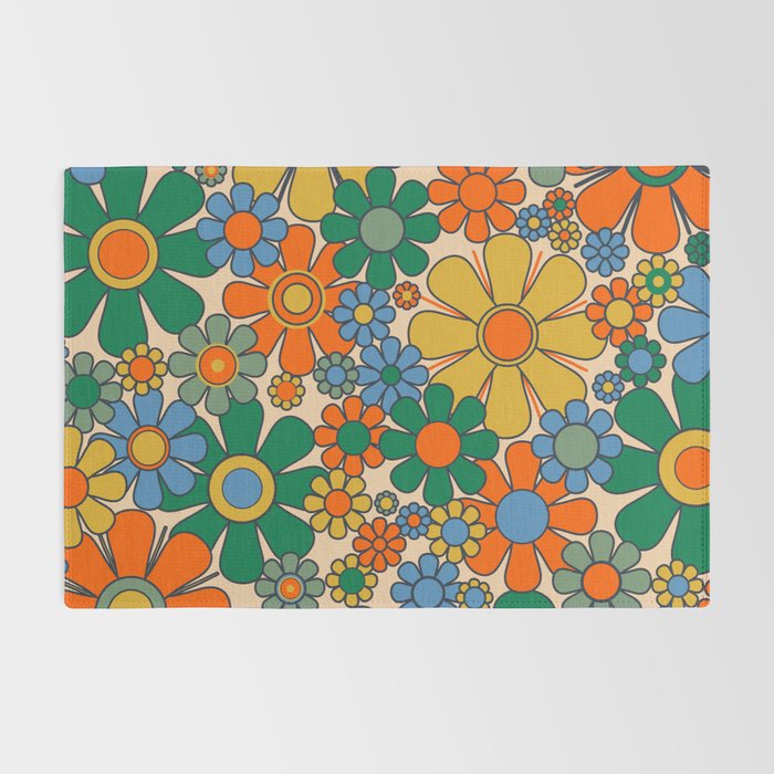 Retro Garden Flowers Groovy 60s 70s Floral Pattern Mustard Green Orange Blue Rug Gallery Image 2