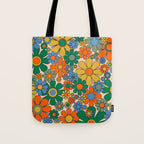 Retro Garden Flowers Groovy 60s 70s Floral Pattern Mustard Green Orange Blue Tote Bag Gallery Image 1