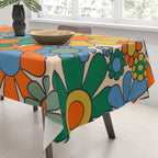Retro Garden Flowers Groovy 60s 70s Floral Pattern Mustard Green Orange Blue Tablecloth Gallery Image 3