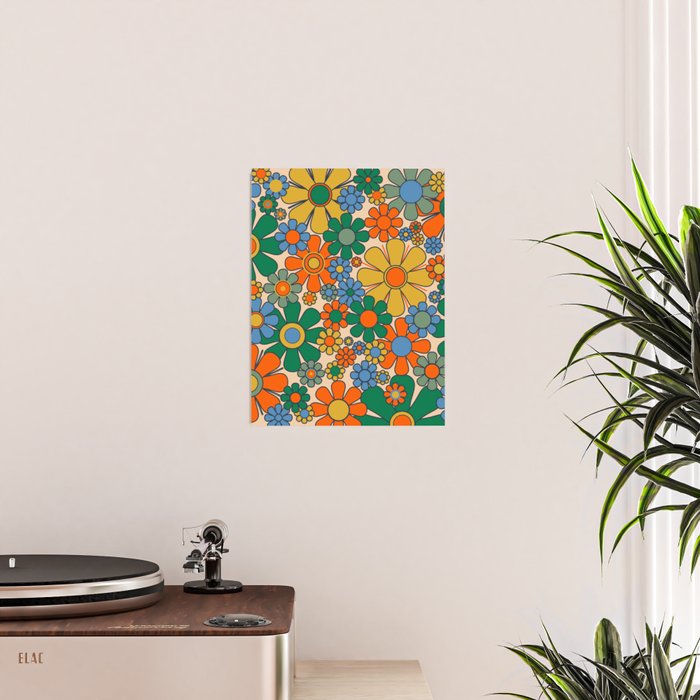 Retro Garden Flowers Groovy 60s 70s Floral Pattern Mustard Green Orange Blue Poster Gallery Image 2