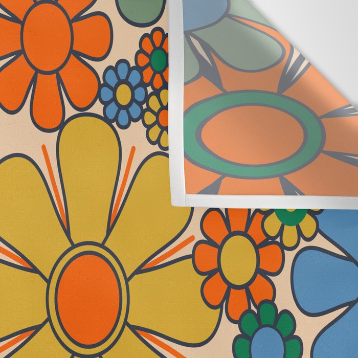 Retro Garden Flowers Groovy 60s 70s Floral Pattern Mustard Green Orange Blue Wall Tapestry Gallery Image 3