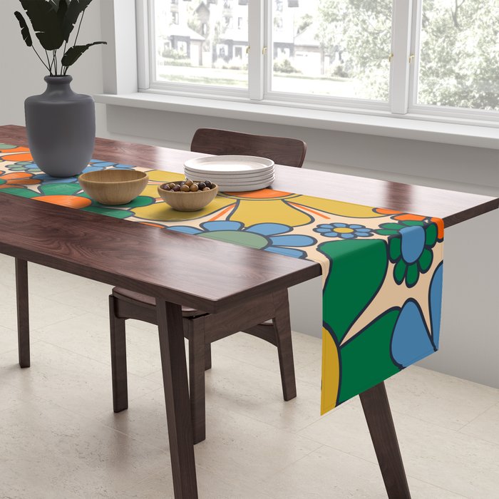 Retro Garden Flowers Groovy 60s 70s Floral Pattern Mustard Green Orange Blue Table Runner Gallery Image 2