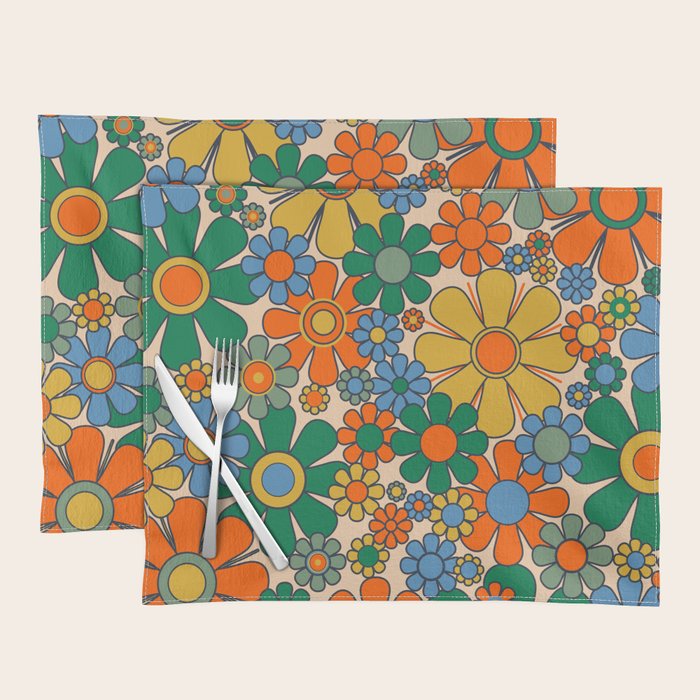 Retro Garden Flowers Groovy 60s 70s Floral Pattern Mustard Green Orange Blue Placemat Gallery Image 1
