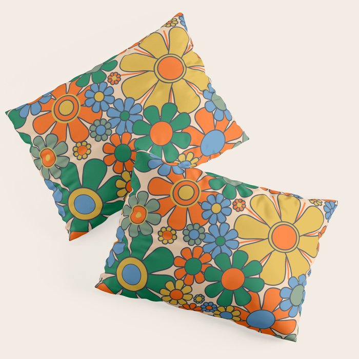 Retro Garden Flowers Groovy 60s 70s Floral Pattern Mustard Green Orange Blue Pillow Sham Gallery Image 3