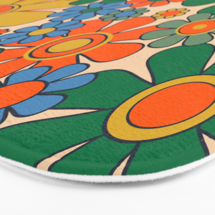 Retro Garden Flowers Groovy 60s 70s Floral Pattern Mustard Green Orange Blue Bath Mat Gallery Image 3
