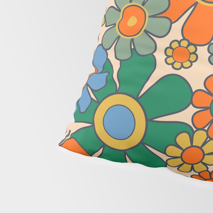 Retro Garden Flowers Groovy 60s 70s Floral Pattern Mustard Green Orange Blue Pillow Sham Gallery Image 4