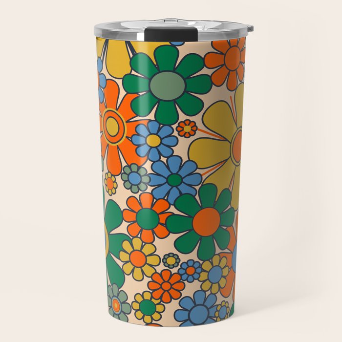 Retro Garden Flowers Groovy 60s 70s Floral Pattern Mustard Green Orange Blue Travel Mug Gallery Image 1