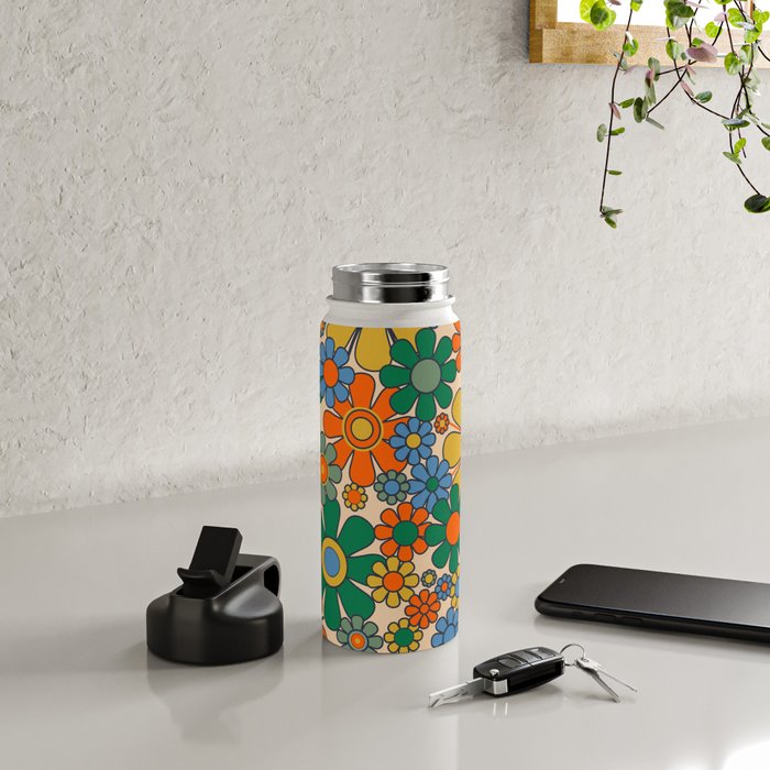 Retro Garden Flowers Groovy 60s 70s Floral Pattern Mustard Green Orange Blue Water Bottle Gallery Image 4
