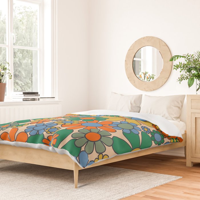 Retro Garden Flowers Groovy 60s 70s Floral Pattern Mustard Green Orange Blue Duvet Cover Gallery Image 2