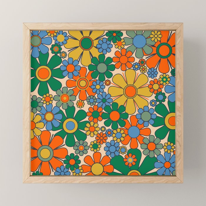 Retro Garden Flowers Groovy 60s 70s Floral Pattern Mustard Green Orange Blue Mini Art Print Gallery Image 1