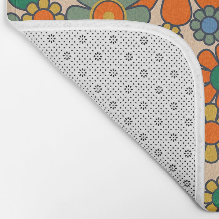 Retro Garden Flowers Groovy 60s 70s Floral Pattern Mustard Green Orange Blue Bath Mat Gallery Image 2