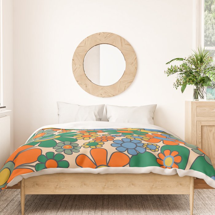 Retro Garden Flowers Groovy 60s 70s Floral Pattern Mustard Green Orange Blue Duvet Cover Gallery Image 3