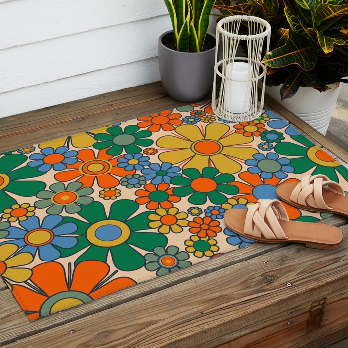 Retro Garden Flowers Groovy 60s 70s Floral Pattern Mustard Green Orange Blue Outdoor Rug Gallery Image 2