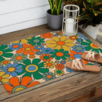 Retro Garden Flowers Groovy 60s 70s Floral Pattern Mustard Green Orange Blue Outdoor Rug Gallery Image 2