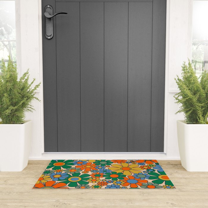 Retro Garden Flowers Groovy 60s 70s Floral Pattern Mustard Green Orange Blue Welcome Mat Gallery Image 3