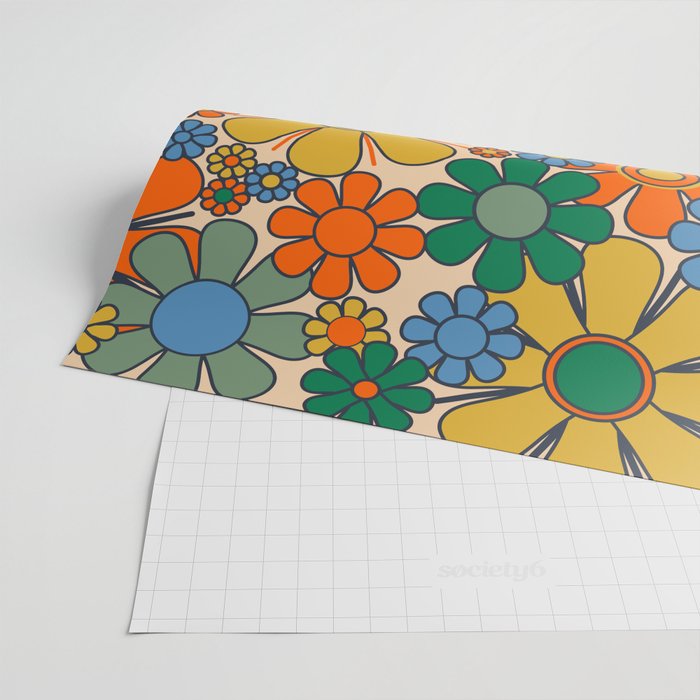 Retro Garden Flowers Groovy 60s 70s Floral Pattern Mustard Green Orange Blue Wrapping Paper Gallery Image 2