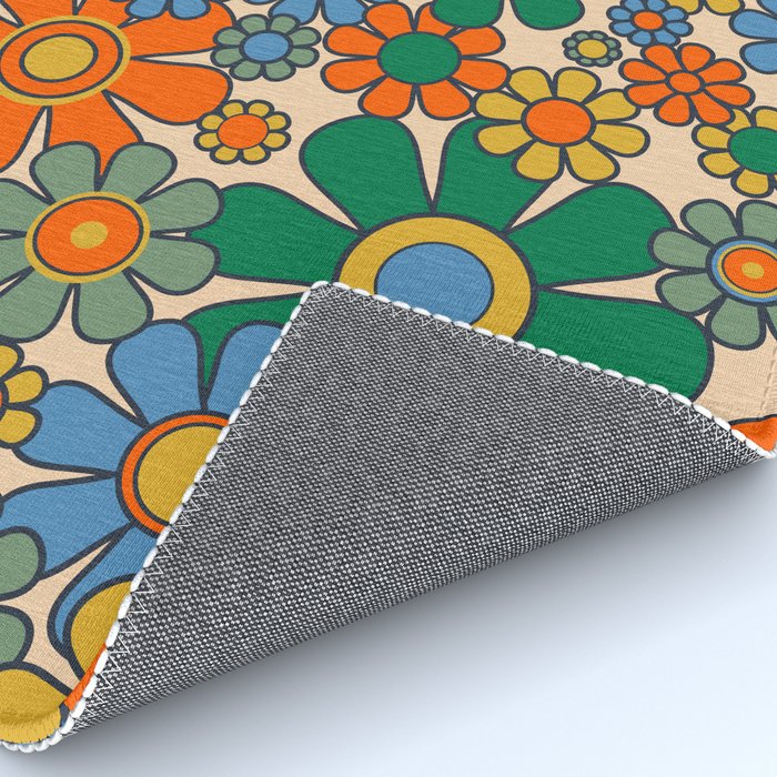 Retro Garden Flowers Groovy 60s 70s Floral Pattern Mustard Green Orange Blue Rug Gallery Image 4
