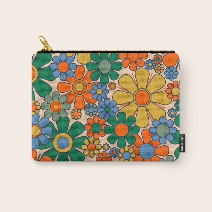 Retro Garden Flowers Groovy 60s 70s Floral Pattern Mustard Green Orange Blue Carry All Pouch Gallery Image 1