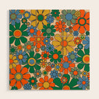 Retro Garden Flowers Groovy 60s 70s Floral Pattern Mustard Green Orange Blue Wood Wall Art Gallery Image 1