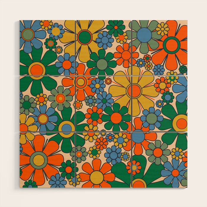 Retro Garden Flowers Groovy 60s 70s Floral Pattern Mustard Green Orange Blue Wood Wall Art Gallery Image 1