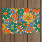 Retro Garden Flowers Groovy 60s 70s Floral Pattern Mustard Green Orange Blue Outdoor Rug Gallery Image 1
