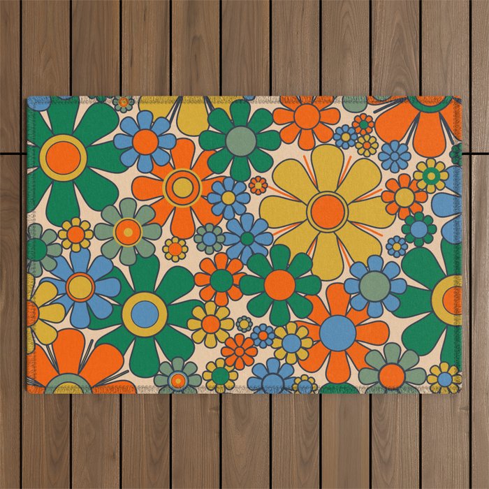 Retro Garden Flowers Groovy 60s 70s Floral Pattern Mustard Green Orange Blue Outdoor Rug Gallery Image 1
