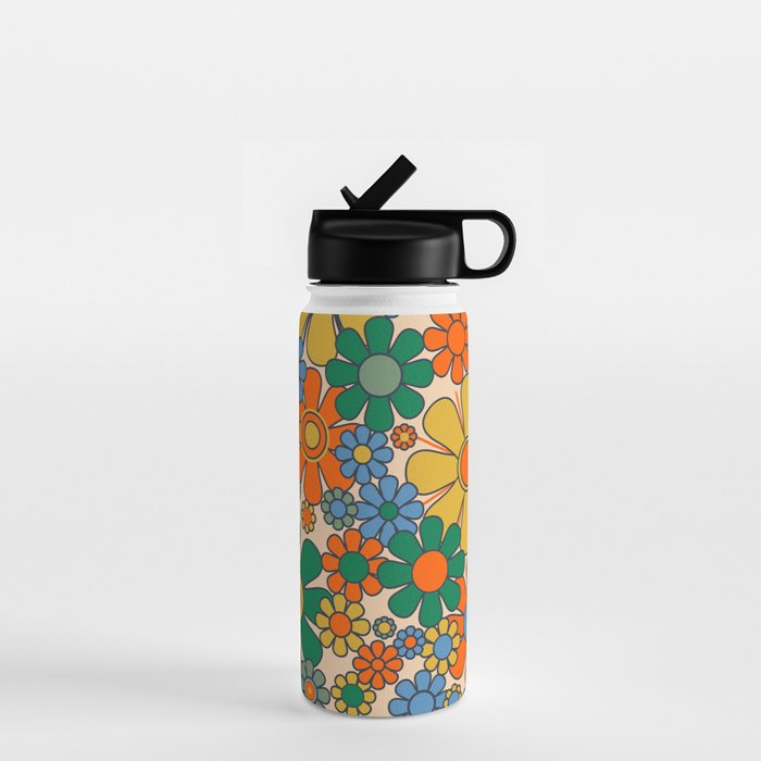 Retro Garden Flowers Groovy 60s 70s Floral Pattern Mustard Green Orange Blue Water Bottle Gallery Image 1