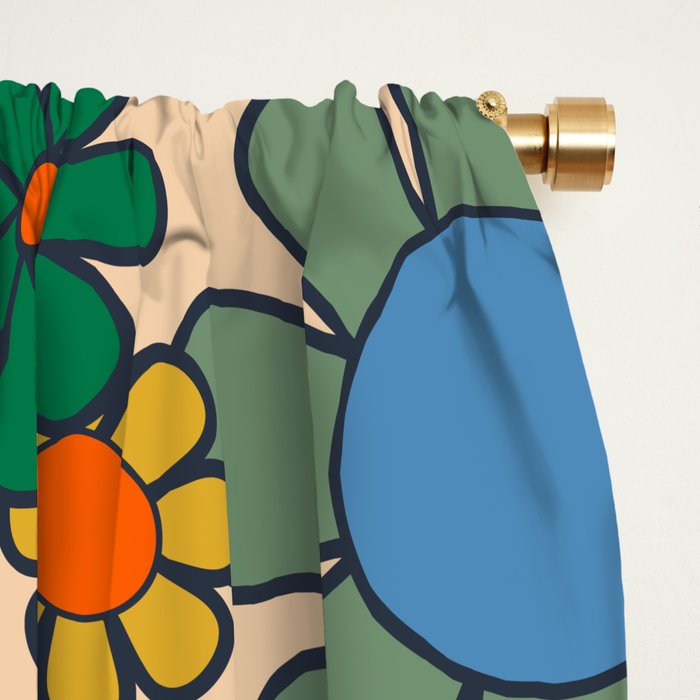 Retro Garden Flowers Groovy 60s 70s Floral Pattern Mustard Green Orange Blue Window Curtain Gallery Image 2