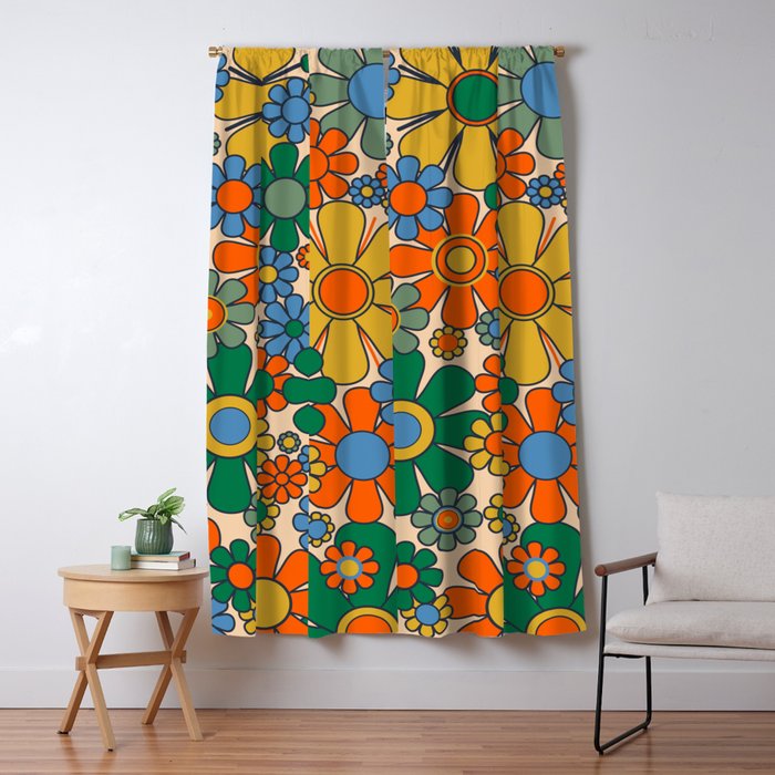 Retro Garden Flowers Groovy 60s 70s Floral Pattern Mustard Green Orange Blue Window Curtain Gallery Image 1
