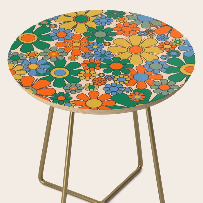 Retro Garden Flowers Groovy 60s 70s Floral Pattern Mustard Green Orange Blue Side Table Gallery Image 2