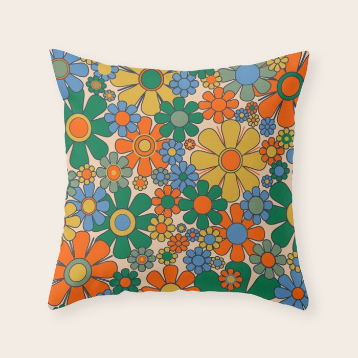 Retro Garden Flowers Groovy 60s 70s Floral Pattern Mustard Green Orange Blue Throw Pillow Gallery Image 6