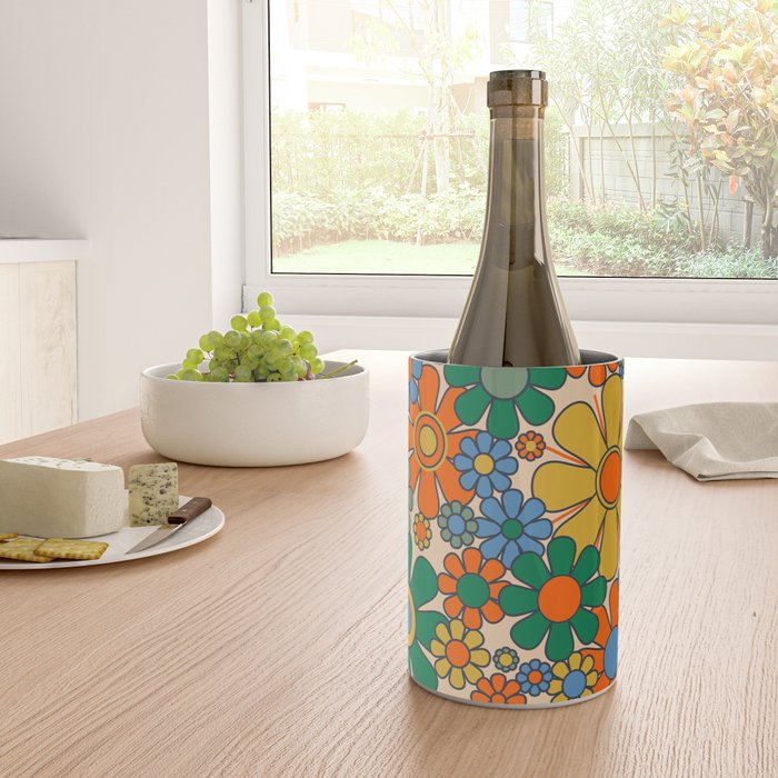 Retro Garden Flowers Groovy 60s 70s Floral Pattern Mustard Green Orange Blue Wine Chiller Gallery Image 4