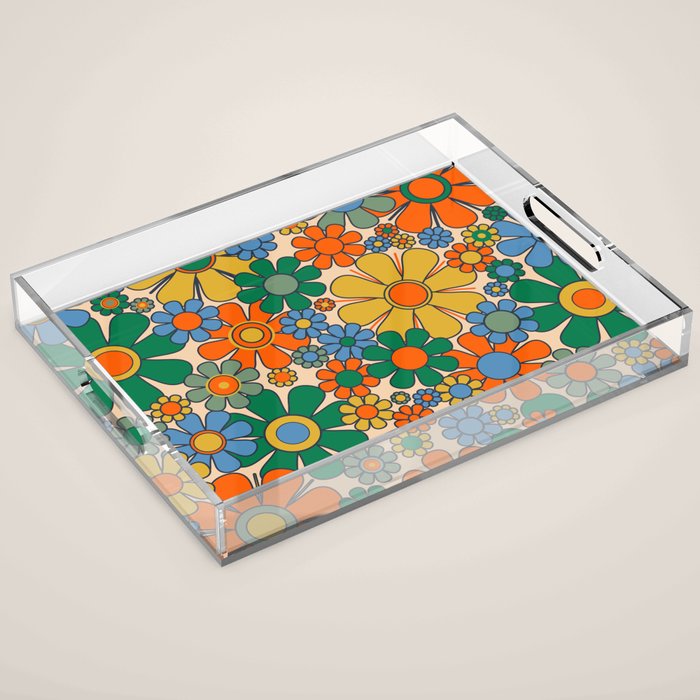 Retro Garden Flowers Groovy 60s 70s Floral Pattern Mustard Green Orange Blue Acrylic Tray Gallery Image 1