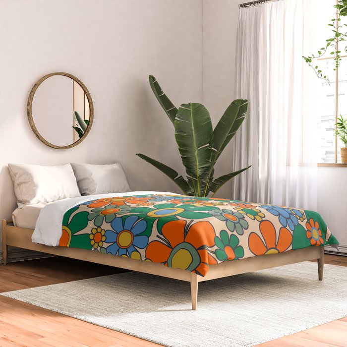 Retro Garden Flowers Groovy 60s 70s Floral Pattern Mustard Green Orange Blue Comforter Gallery Image 2