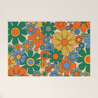 Retro Garden Flowers Groovy 60s 70s Floral Pattern Mustard Green Orange Blue Welcome Mat Gallery Image 1