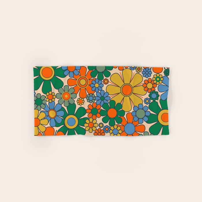 Retro Garden Flowers Groovy 60s 70s Floral Pattern Mustard Green Orange Blue Bath Towel Gallery Image 1