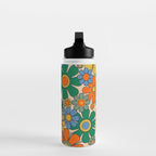 Retro Garden Flowers Groovy 60s 70s Floral Pattern Mustard Green Orange Blue Water Bottle Gallery Image 3