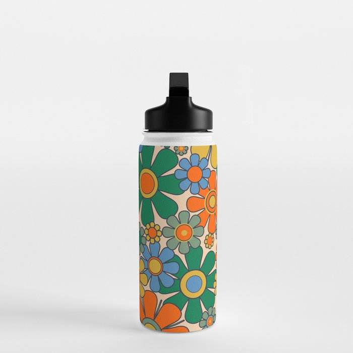 Retro Garden Flowers Groovy 60s 70s Floral Pattern Mustard Green Orange Blue Water Bottle Gallery Image 3