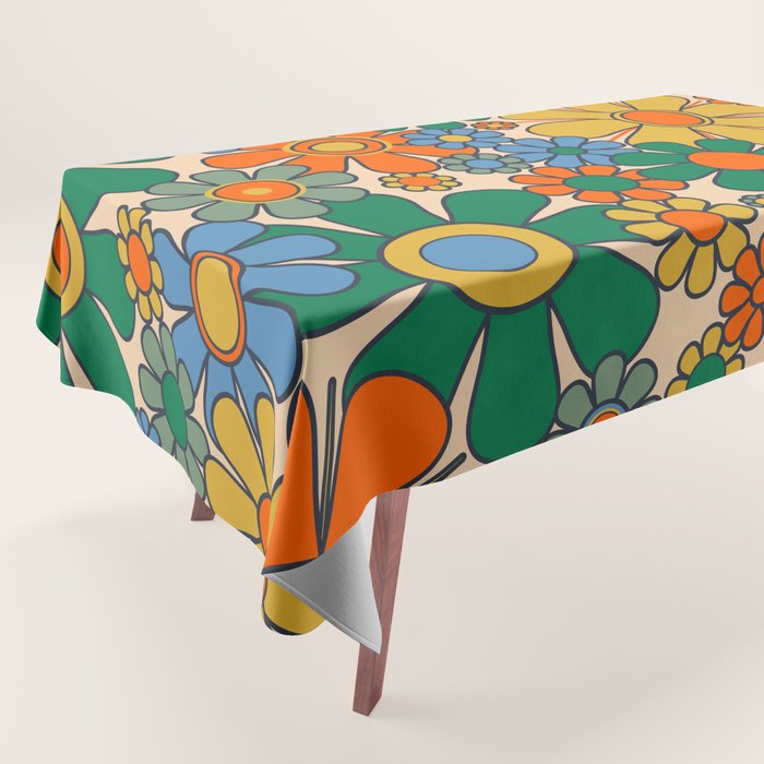 Retro Garden Flowers Groovy 60s 70s Floral Pattern Mustard Green Orange Blue Tablecloth Gallery Image 1