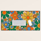 Retro Garden Flowers Groovy 60s 70s Floral Pattern Mustard Green Orange Blue Desk Mat Gallery Image 1