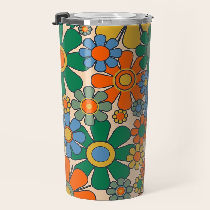 Retro Garden Flowers Groovy 60s 70s Floral Pattern Mustard Green Orange Blue Travel Mug Gallery Image 3