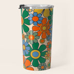Retro Garden Flowers Groovy 60s 70s Floral Pattern Mustard Green Orange Blue Travel Mug Gallery Image 3