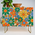 Retro Garden Flowers Groovy 60s 70s Floral Pattern Mustard Green Orange Blue Credenza Gallery Image 1