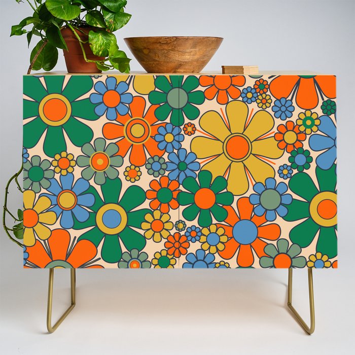 Retro Garden Flowers Groovy 60s 70s Floral Pattern Mustard Green Orange Blue Credenza Gallery Image 1