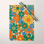 Retro Garden Flowers Groovy 60s 70s Floral Pattern Mustard Green Orange Blue Wrapping Paper Gallery Image 1