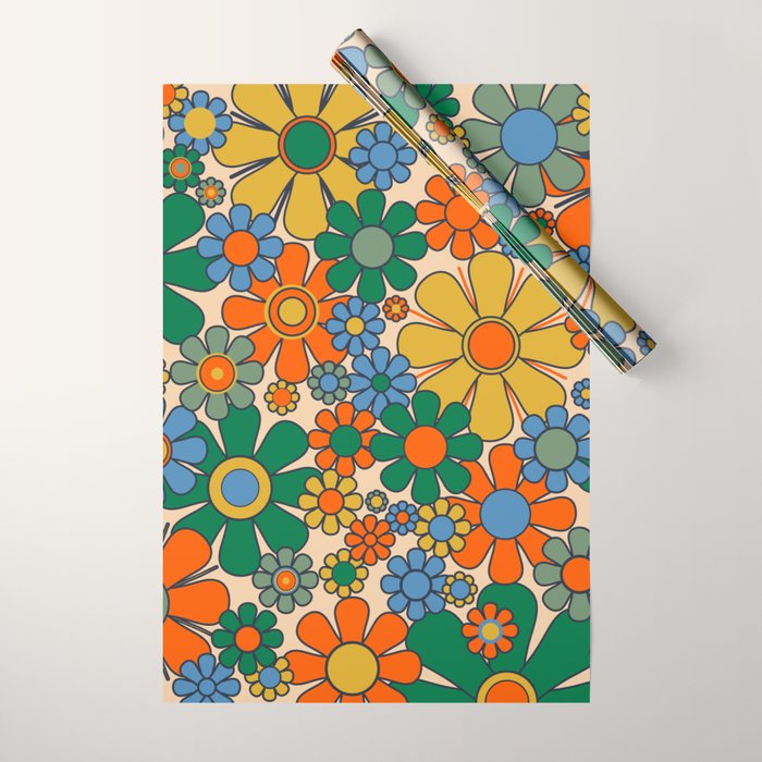 Retro Garden Flowers Groovy 60s 70s Floral Pattern Mustard Green Orange Blue Wrapping Paper Gallery Image 1