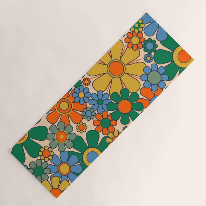 Retro Garden Flowers Groovy 60s 70s Floral Pattern Mustard Green Orange Blue Yoga Mat Gallery Image 1