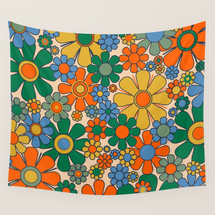 Retro Garden Flowers Groovy 60s 70s Floral Pattern Mustard Green Orange Blue Wall Tapestry Gallery Image 1