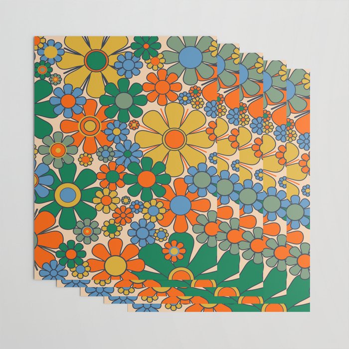 Retro Garden Flowers Groovy 60s 70s Floral Pattern Mustard Green Orange Blue Wrapping Paper Gallery Image 3