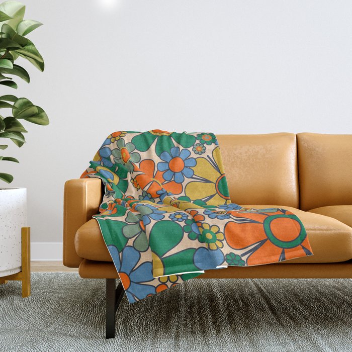 Retro Garden Flowers Groovy 60s 70s Floral Pattern Mustard Green Orange Blue Throw Blanket Gallery Image 1